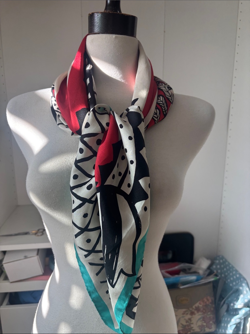 Red & White Striped Scarf with Black Graphic Border and Teal Edge